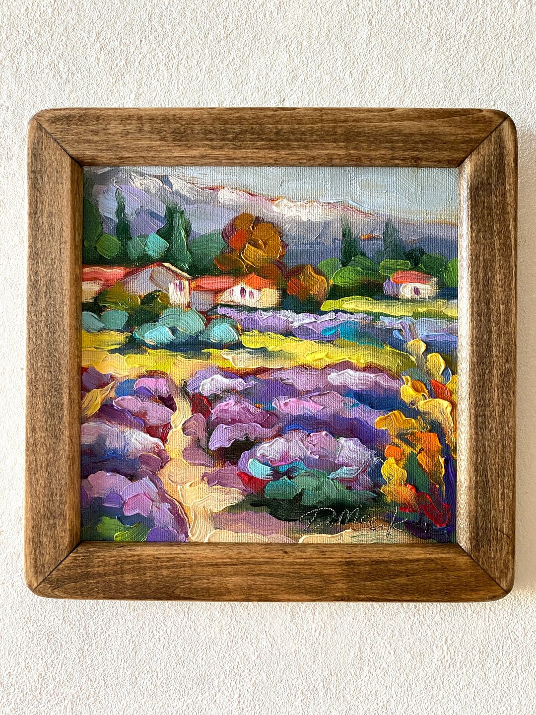 薰衣草田绘画托斯卡纳原创艺术风景油画厚涂小幅艺术品 8x8 托斯 - 墙贴/壁贴 - 木头 