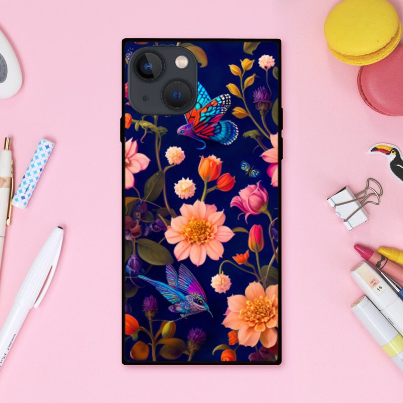 北欧缤纷鲜艳的花卉图案，神秘的蝶鸟飞舞，方形手机壳【强化玻璃处理】iPhone16 适用 - 手机壳/手机套 - 塑料 多色