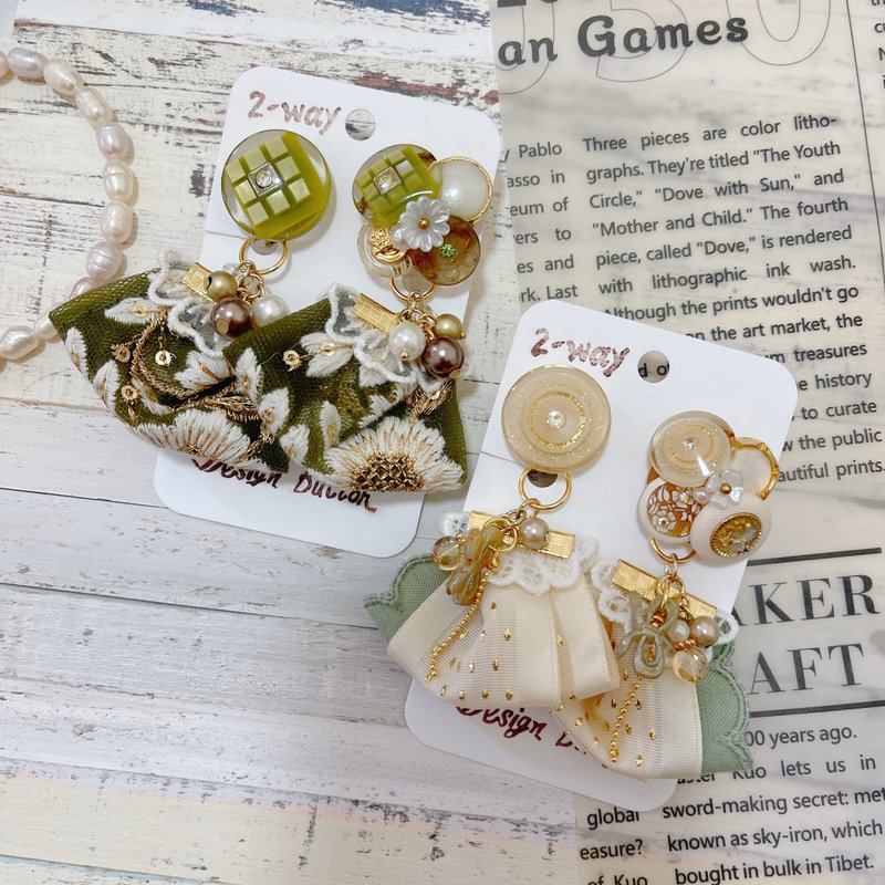 wow Handmade-春日绽放 刺绣缎带 2way钮扣耳环 - 耳环/耳夹 - 其他材质 