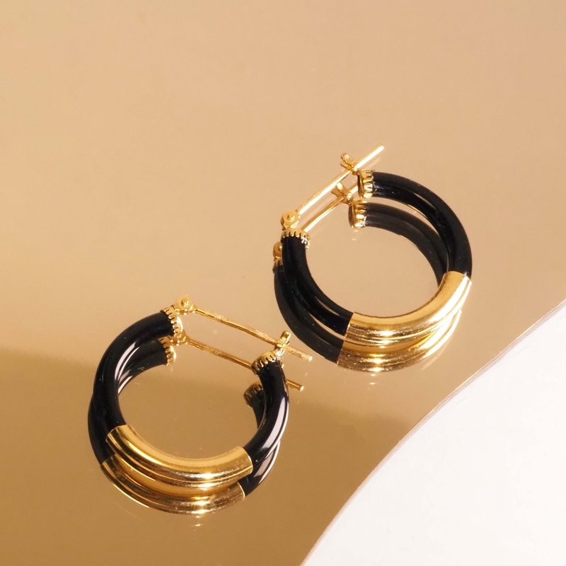 Onyx Hoop Earrings | 缟玛瑙耳环 | 18K 黄金 - 耳环/耳夹 - 贵金属 金色