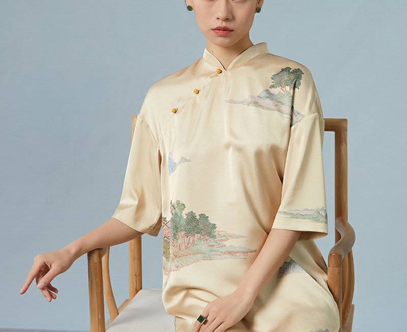 柳岸/新中国风 复古旗袍连衣裙 - 旗袍 - 聚酯纤维 黄色