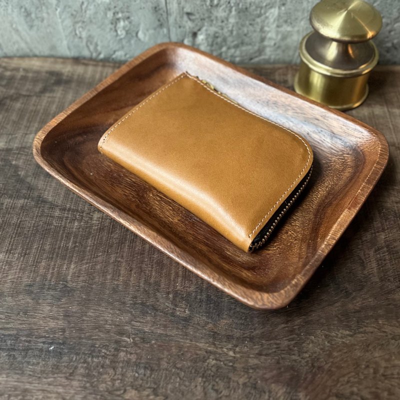 多夹层L形拉链短夹 枯叶棕 意大利植鞣革 - 皮夹/钱包 - 真皮 卡其色