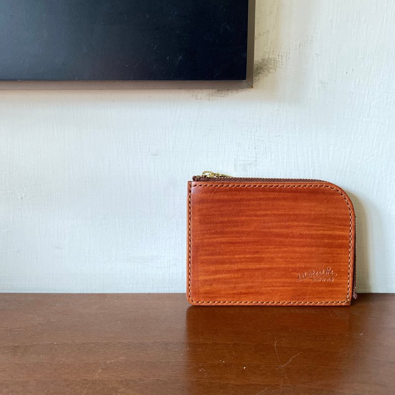 【belate&life皮革手作】L型拉链零钱包/短夹 木纹刷色 - 皮夹/钱包 - 真皮 咖啡色