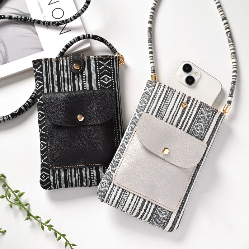 手机斜背包 【白缟】 手机背带 皮革 HZ14K - 侧背包/斜挎包 - 真皮 黑色