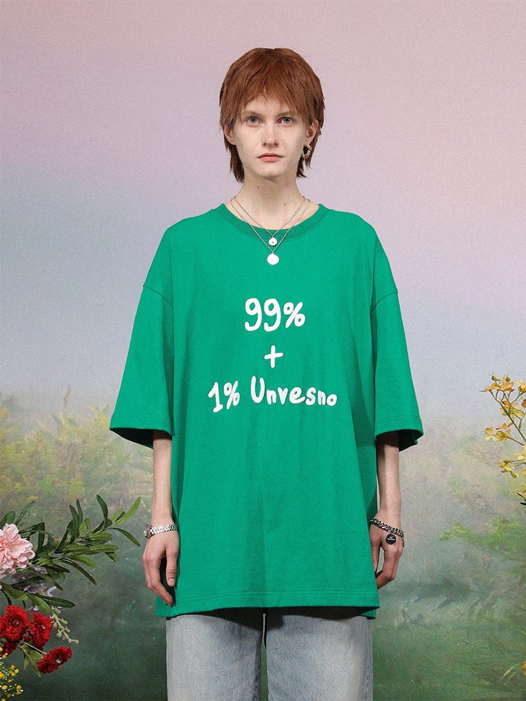 UNVESNO 99%+1%文字寓意立体刺绣情侣短袖T恤男友风日系 SWS-1552 - 男装上衣/T 恤 - 棉 白色