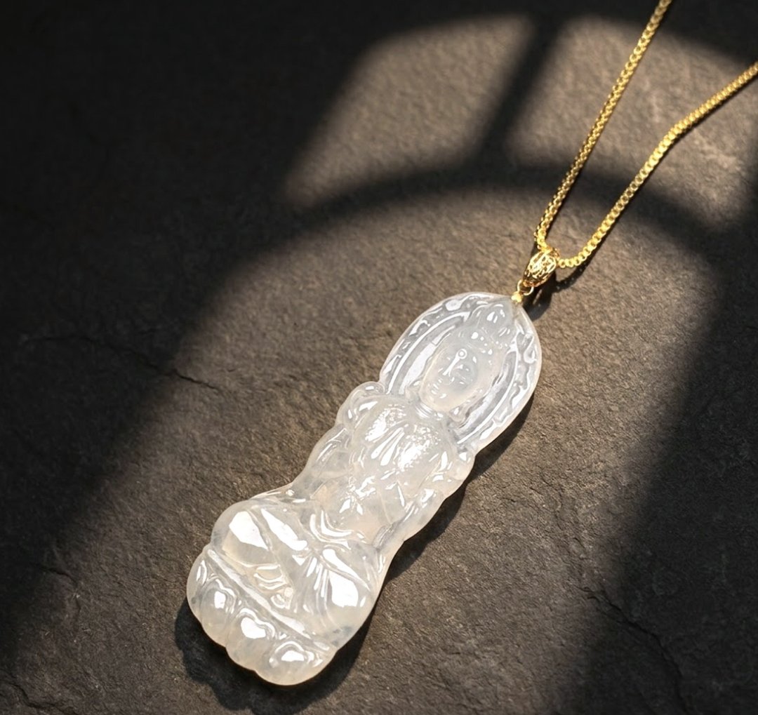 冰种翡翠合掌观音菩萨项链 18K 金坠头 | 天然缅甸玉翡翠 A 货 |送礼 - 项链 - 玉石 白色