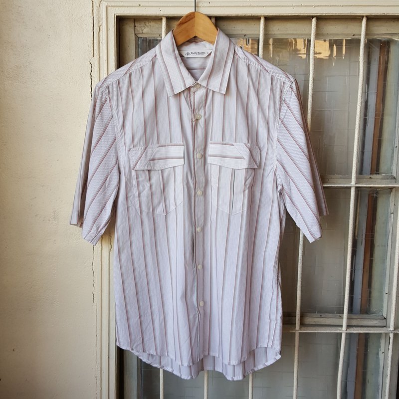 复古宽松 双袋短袖 休闲衬衫 男 - 男装衬衫 - 棉．麻 白色