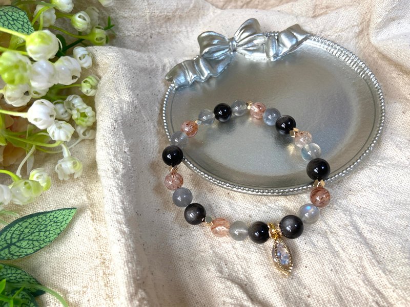 银曜石/黑金超七/拉长石 天然水晶手链 - 手链/手环 - 水晶 黑色