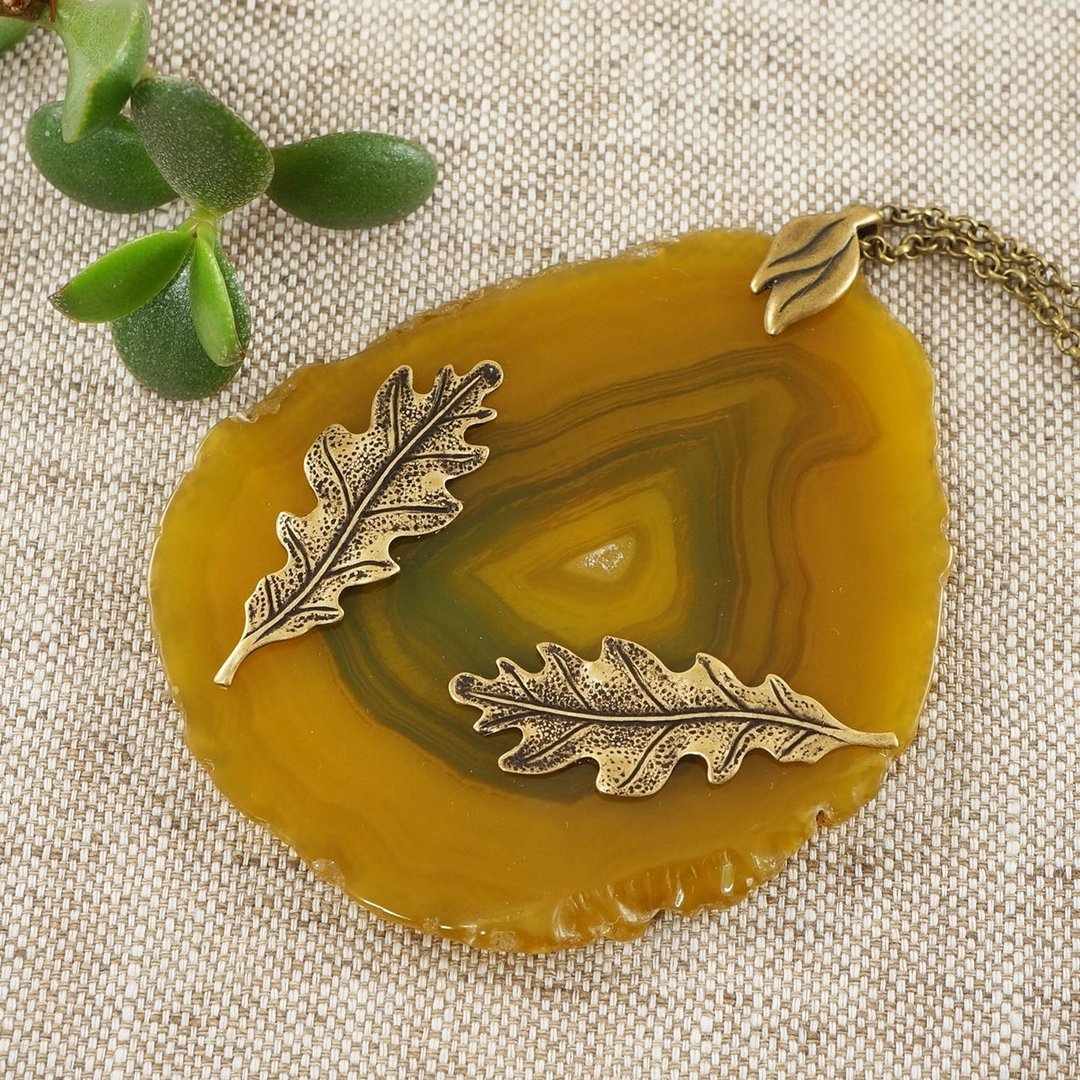 Mustard Yellow Agate Slice Slab Brass Oak Leaf Leaves Forest Necklace Jewelry - 项链 - 半宝石 黄色