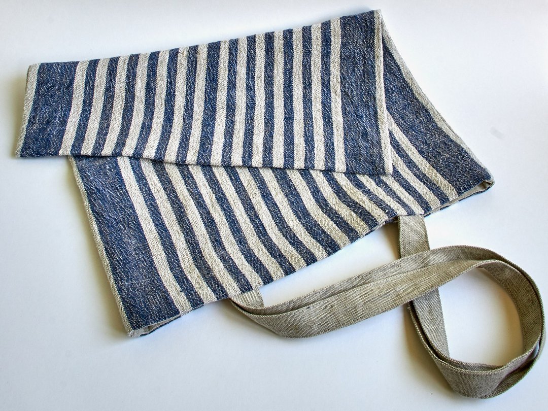 Linen striped blue farmer rustic market shopping shoulder bag, gift for her - 束口袋双肩包 - 亚麻 蓝色