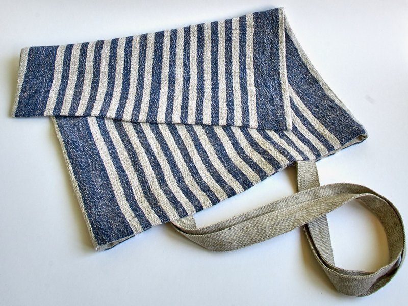 Linen striped blue farmer rustic market shopping shoulder bag, gift for her - 束口袋双肩包 - 亚麻 蓝色