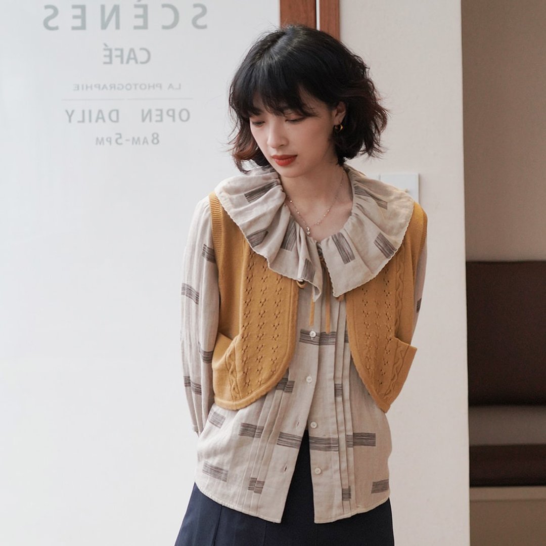 橘黄色V领系带短款针织背心|马甲背心|春款|羊毛|Sora-696 - 女装背心 - 羊毛 橘色