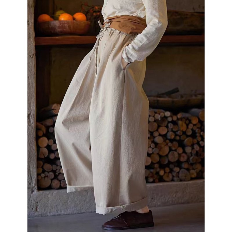 旧纸黄棉色织布松紧腰宽松工装阔腿裤 - 女装长裤 - 棉．麻 