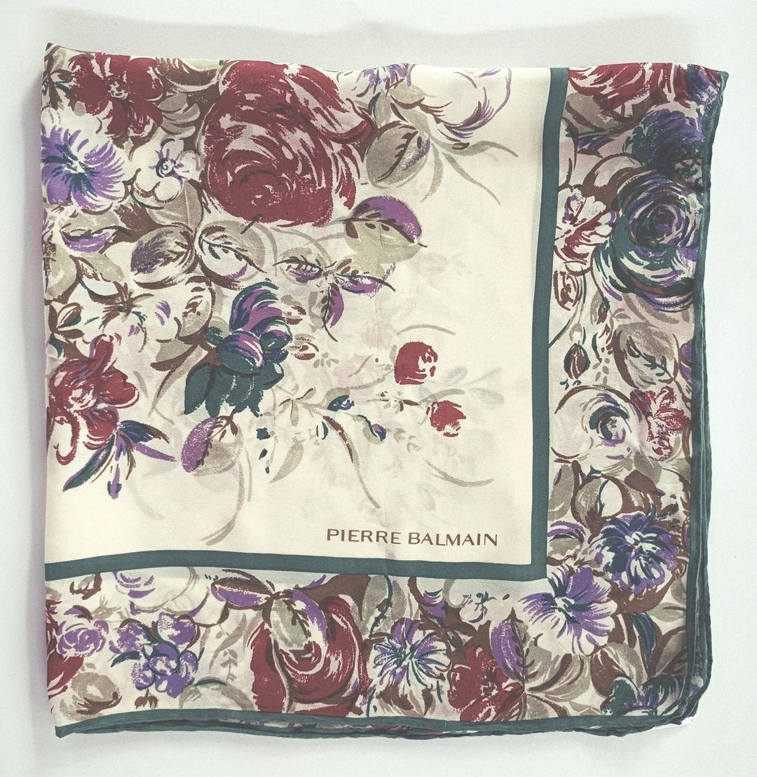 PIERRE BALMAIN 古董丝巾，29 x 29 英寸，花卉丝巾，100% 丝绸 - 丝巾 - 丝．绢 绿色