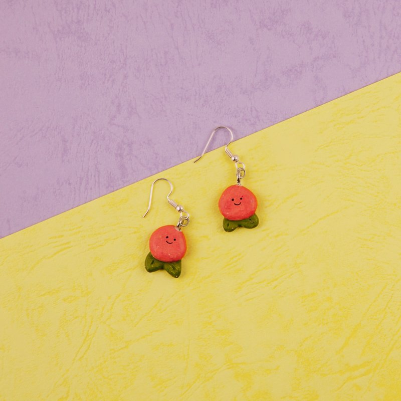 桃子耳环 / 耳夹 手工免烧陶耳环 - 耳环/耳夹 - 陶 红色