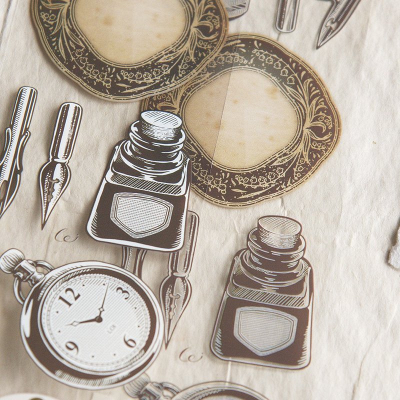 古董文具(局部白墨版) - 5cm 亮面PET胶带 - 纸胶带 - 塑料 咖啡色