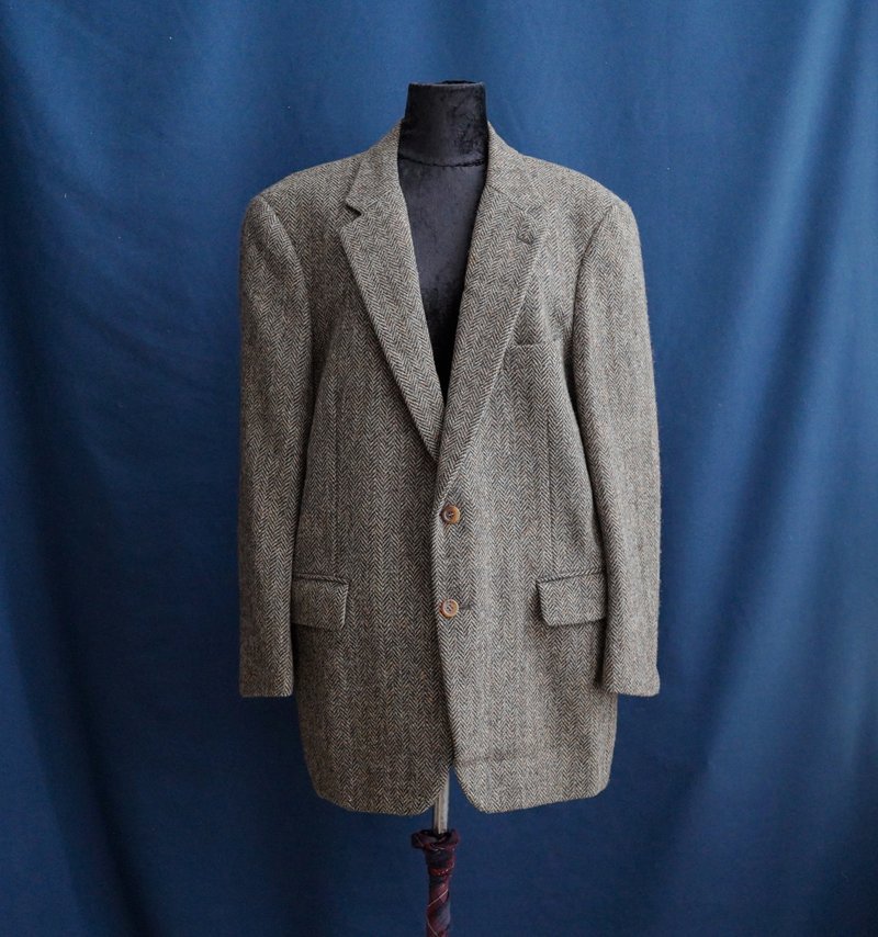 重磅品牌人字纹羊毛西装外套大衣中古古着外套 vintage - 男装西装外套 - 棉．麻 卡其色