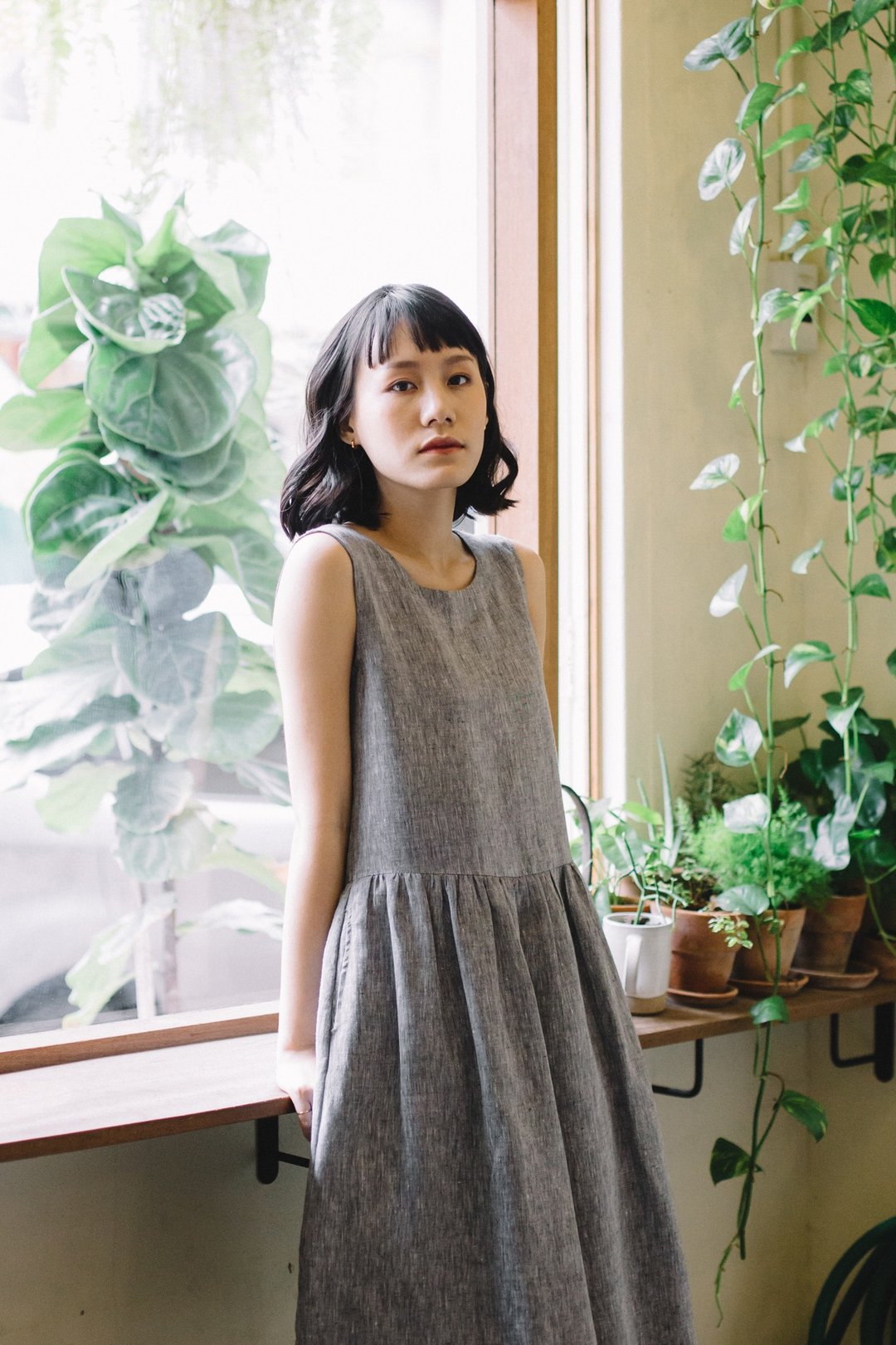 Linen Camisole dress with open back in Grey - 洋装/连衣裙 - 棉 灰色