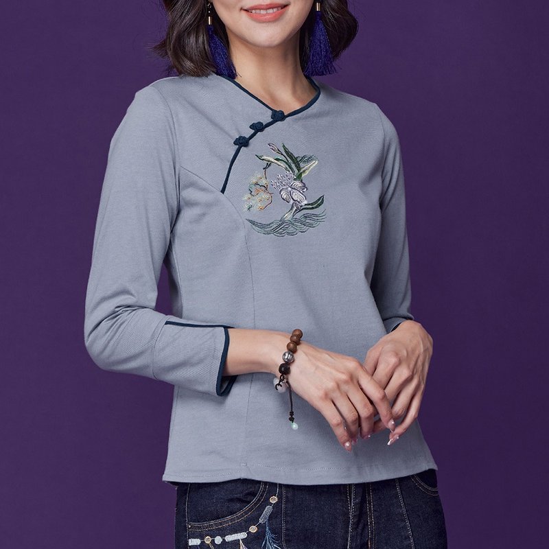 古典美 刺绣斜襟显瘦T桖【58003】 - 女装 T 恤 - 棉．麻 蓝色