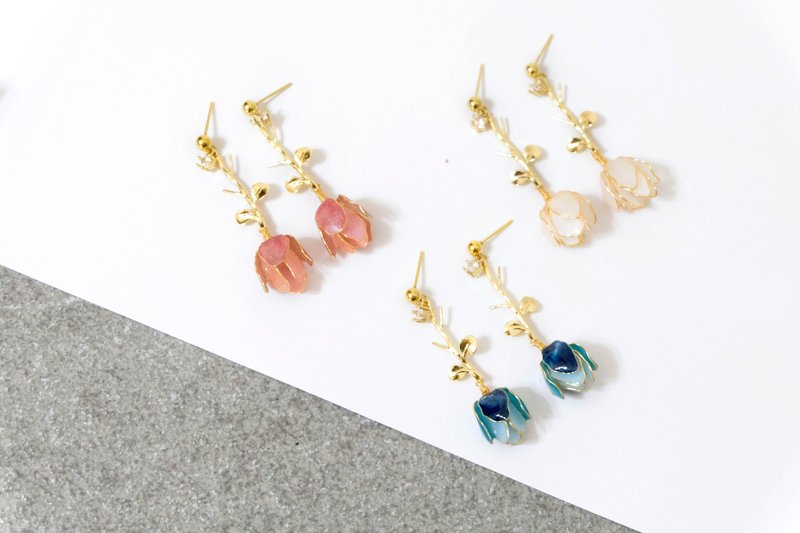 耳针x耳夹水晶花_优雅大花苞_光点饰品 - 耳环/耳夹 - 树脂 粉红色