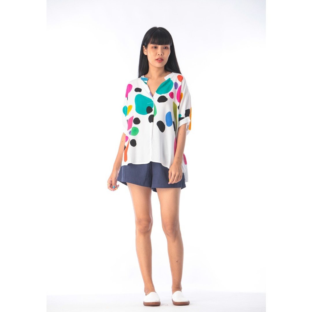 Abstract Blouse Cotton Rayon Hand Paint Free Size - 女装上衣 - 棉 白色