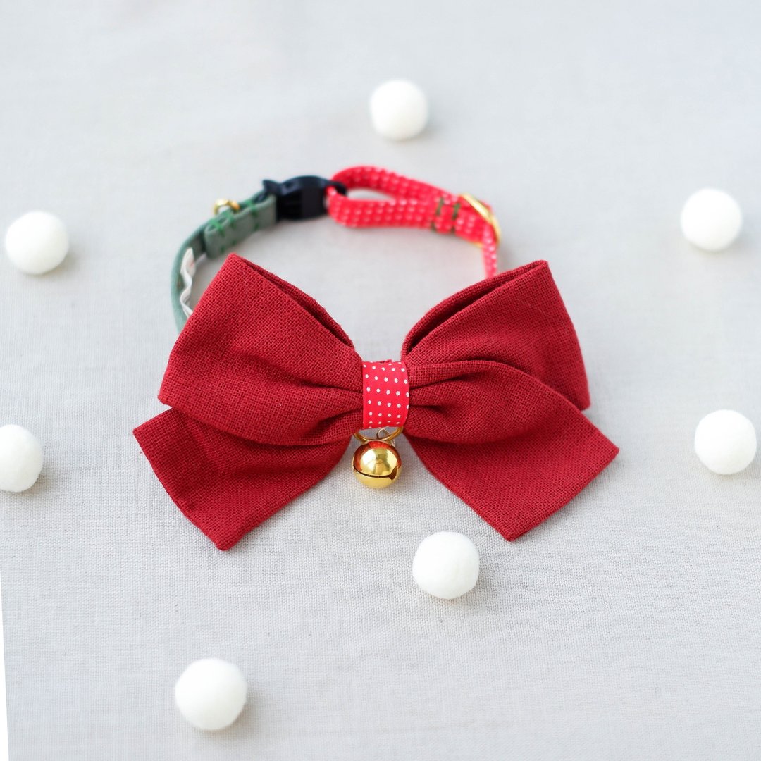 Christmas sailor bowtie set for cat and small dog,Hand -embroidered,Red - 项圈/牵绳 - 棉 红色