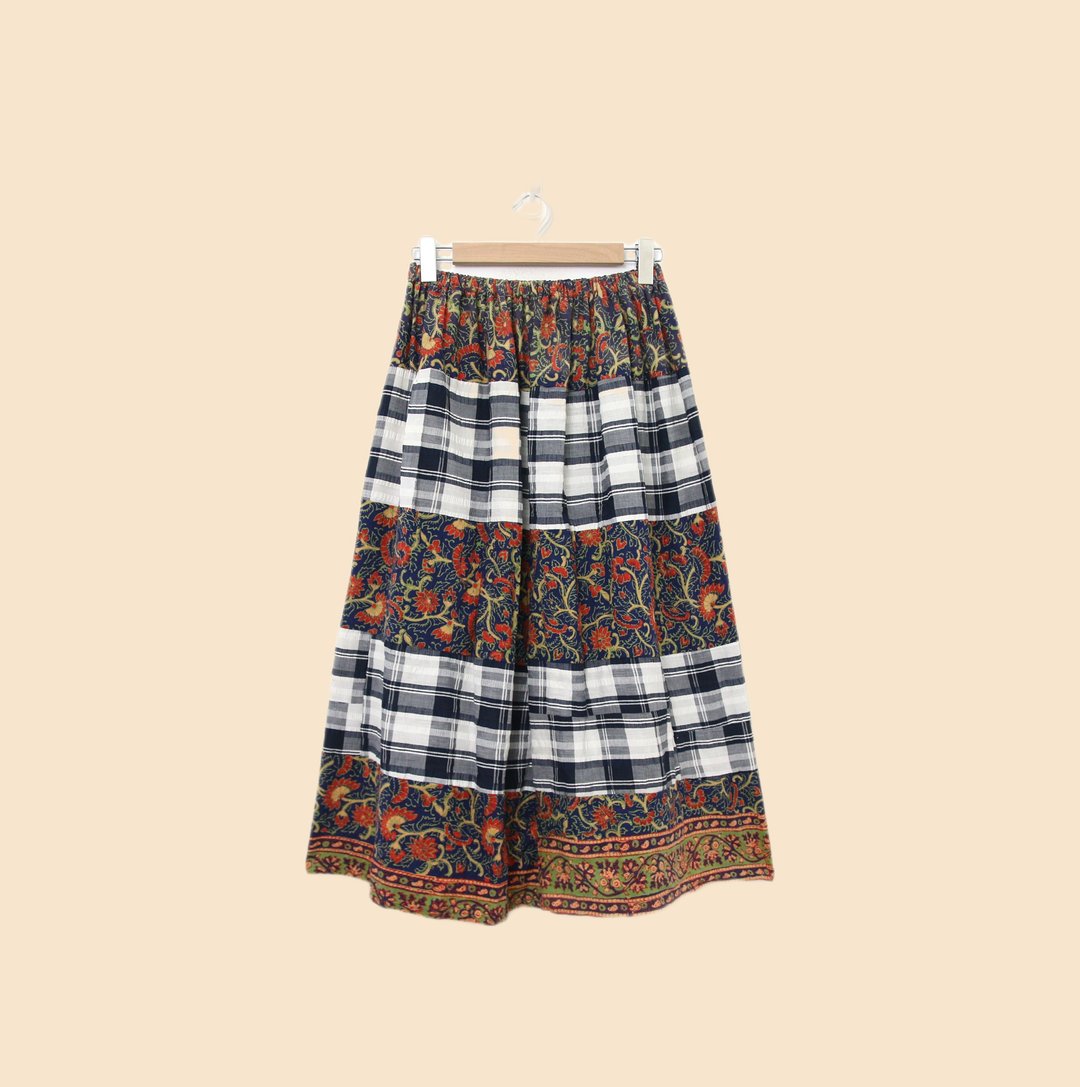 Back to Green-复古拼接长裙 鲜花 黑白格纹 fs-06 vintage skirt - 裙子 - 棉．麻 