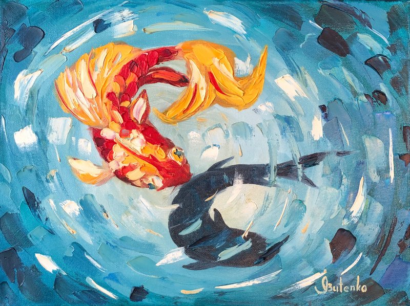 Goldfish Painting Aquarium Original Art Red Fish Oil Artwork Animal Wall Art - 海报/装饰画/版画 - 其他材质 蓝色