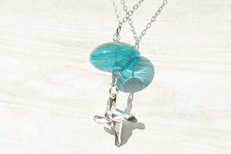 情人节礼物 / 宇宙星球 / 法式条纹口吹玻璃项链 短链 长链 锁骨链 - 飞碟与折纸感风车 - 长链 - 玻璃 蓝色