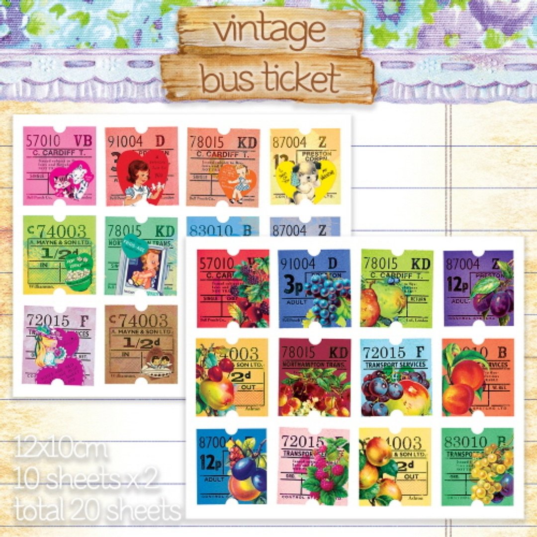 vintage bus ticket sticker 2types mix (honne market) - 贴纸 - 纸 卡其色