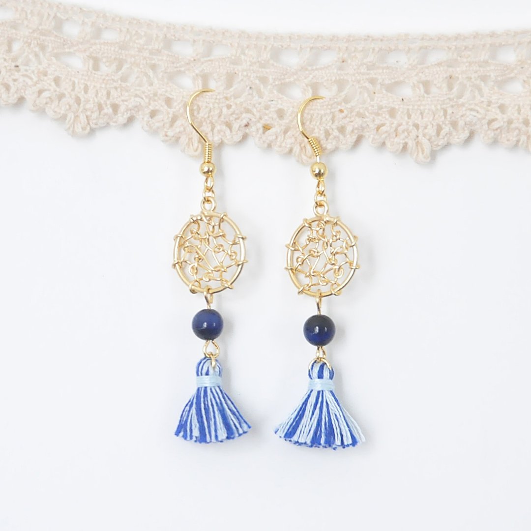 勇气捕梦网 耳环 深蓝虎眼 Courage Dream Catcher Earring Hawk-eye Dark Blue Tiger Eye - 耳环/耳夹 - 宝石 蓝色