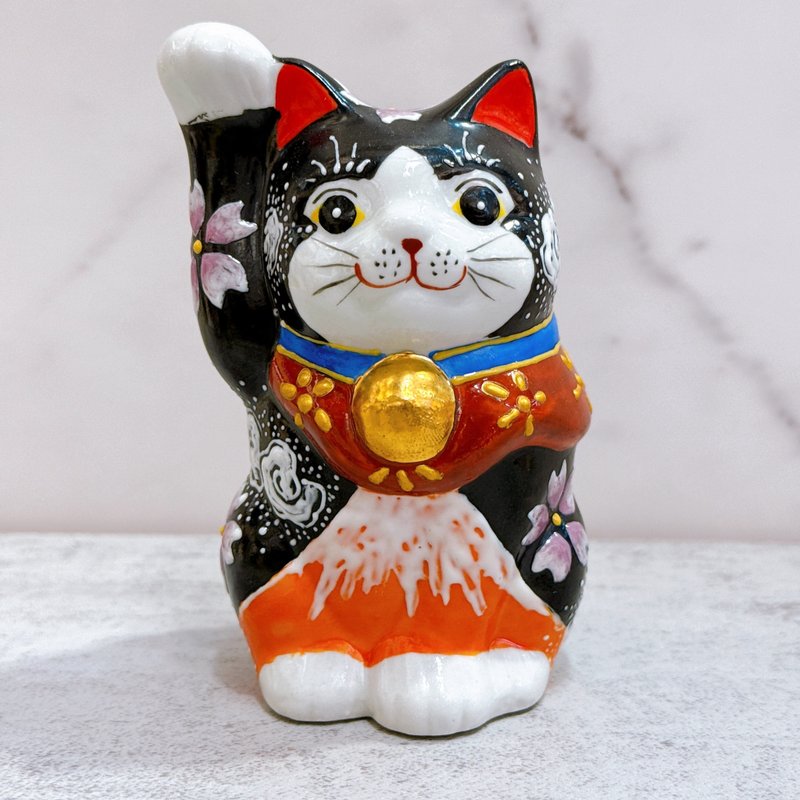 【福映朝霞】日本九谷烧招财猫 | 樱花赤富士 - 摆饰 - 瓷 黑色