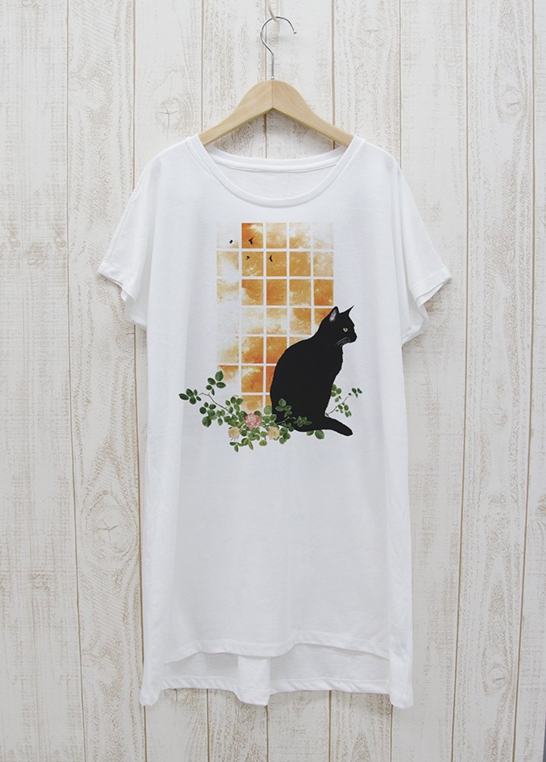 Standing Black Cat One Piece Tee Window SUNSET White / R030-O-WH - 中性连帽卫衣/T 恤 - 棉 白色
