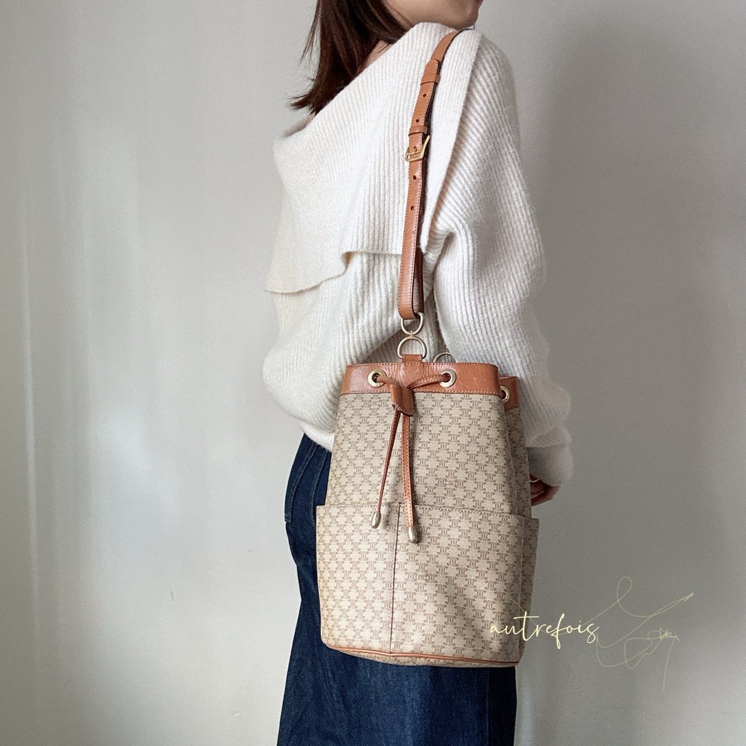 中古 Celine 浅啡米花水桶袋 - 束口袋双肩包 - 防水材质 咖啡色