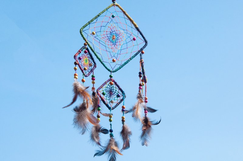 情人节 手工编织棉麻彩虹色捕梦网吊饰/波希米亚-星辰段染菱形 - 摆饰 - 棉．麻 多色