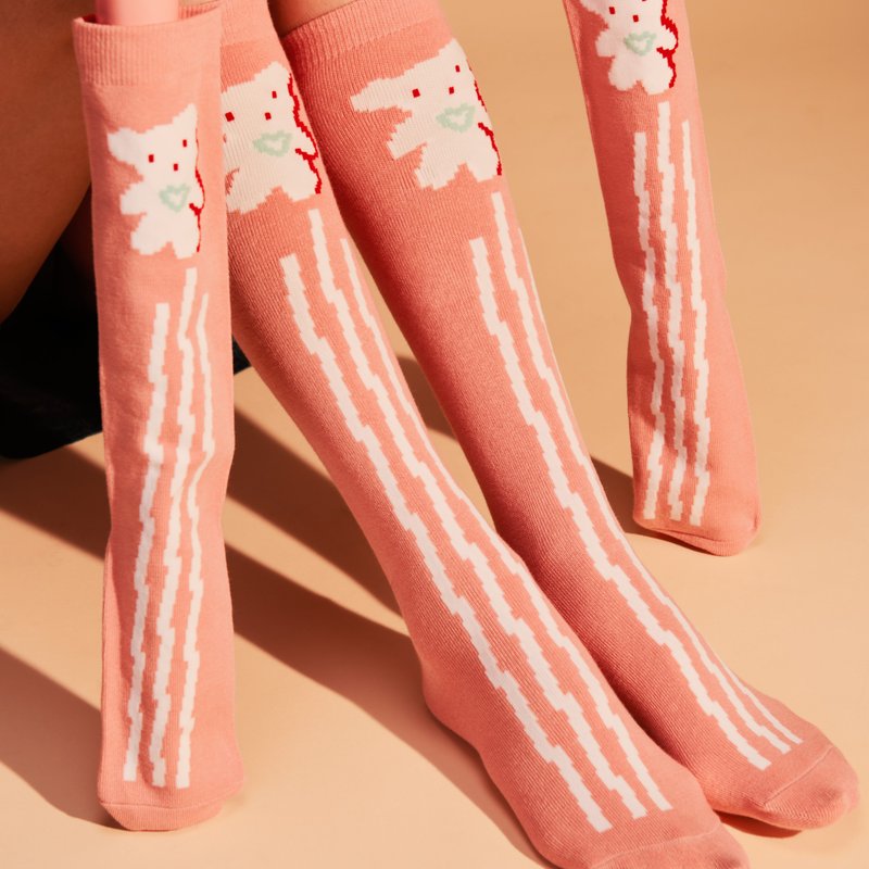 像素小熊印花及膝袜 - 袜子 - 羊毛 粉红色