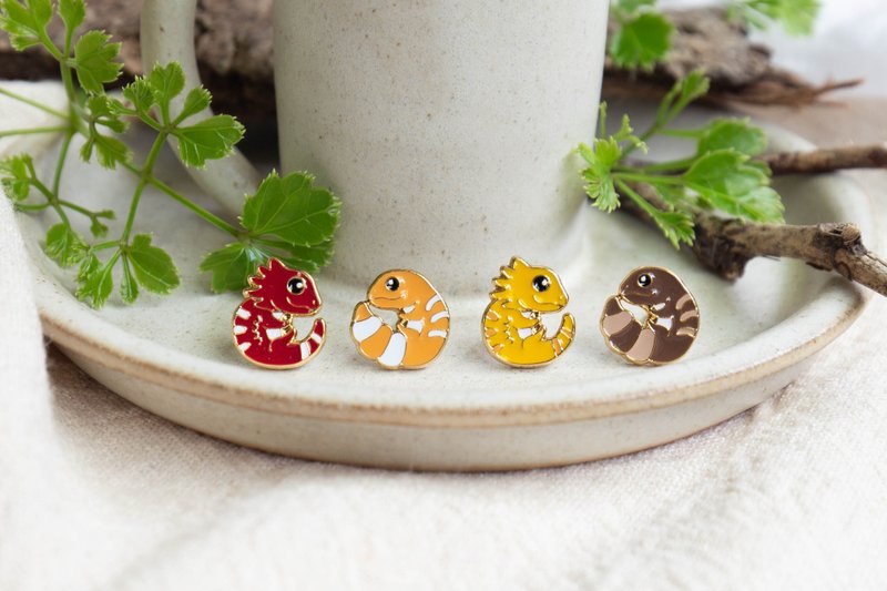 守宫 松狮蜥 Gecko/Bearded Dragon 夹式耳环 医疗钢针 生日礼物 - 耳环/耳夹 - 珐琅 橘色