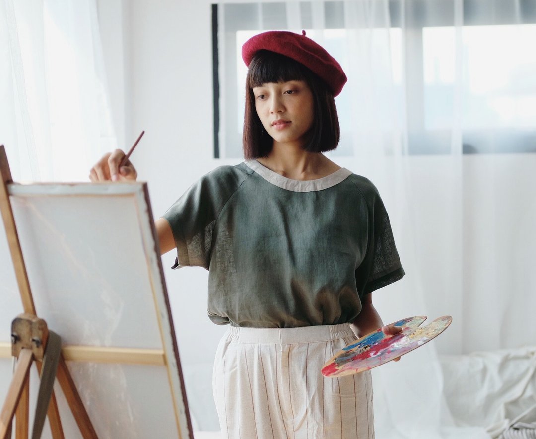 TwoTone Linen Blouse - Green - 女装上衣 - 棉 绿色