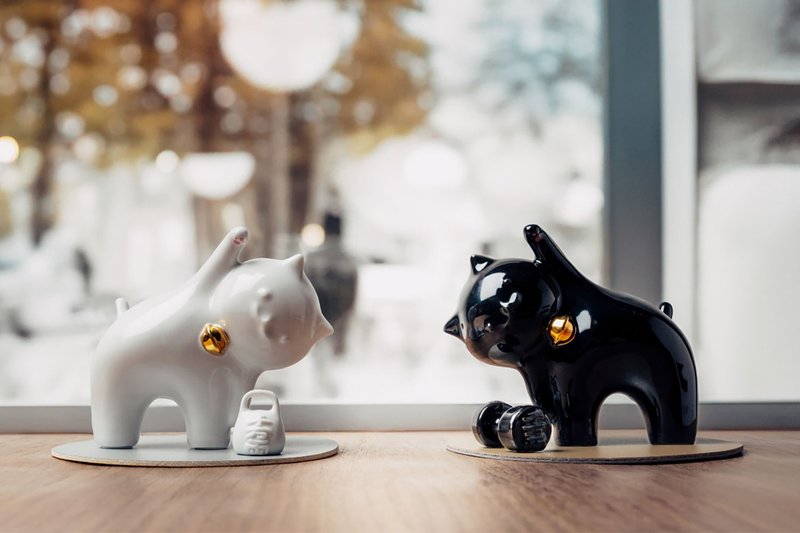 动动招财猫 | 招福白、辟邪黑 - 玩偶/公仔 - 陶 白色