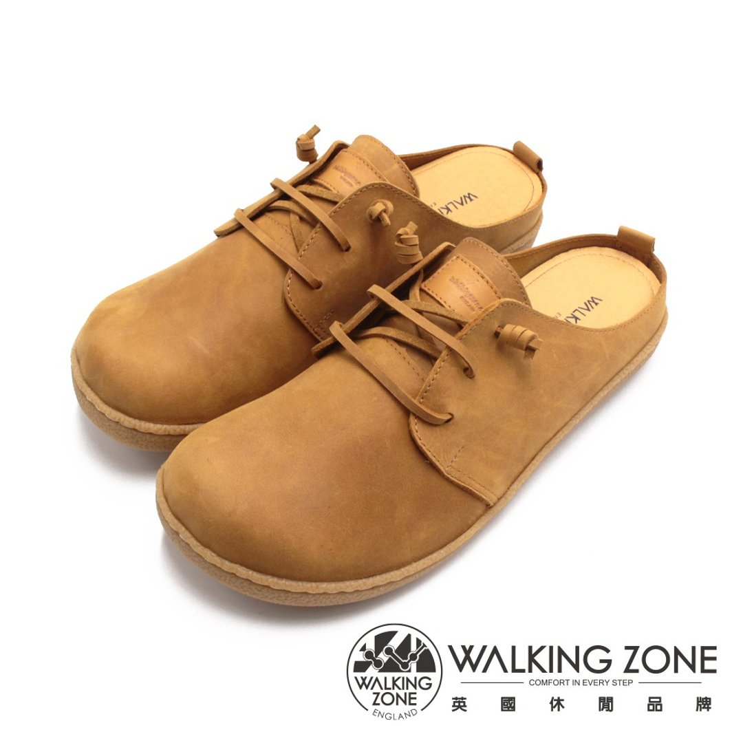 WALKING ZONE(男)大圆头日系穆勒拖鞋 男鞋-浅棕(另有灰绿) - 拖鞋 - 真皮 