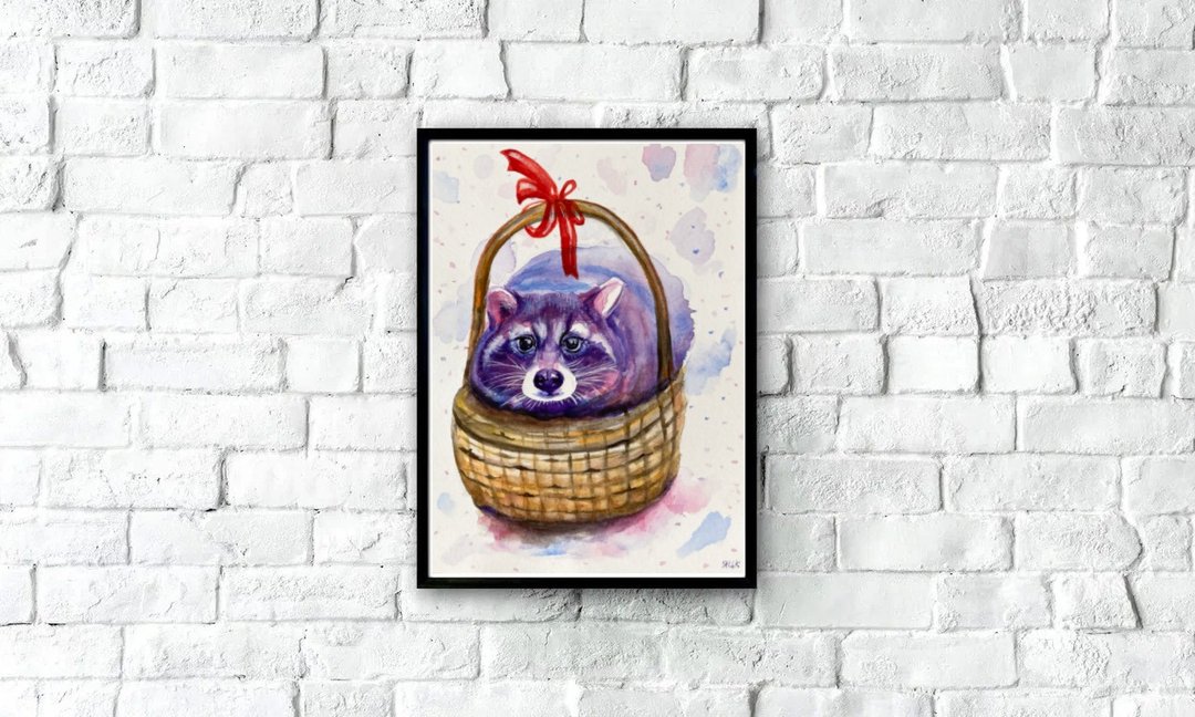 Raccoon Watercolor Painting, Small Art On Paper, Cute Animal Art, Animal Artwork - 海报/装饰画/版画 - 纸 紫色