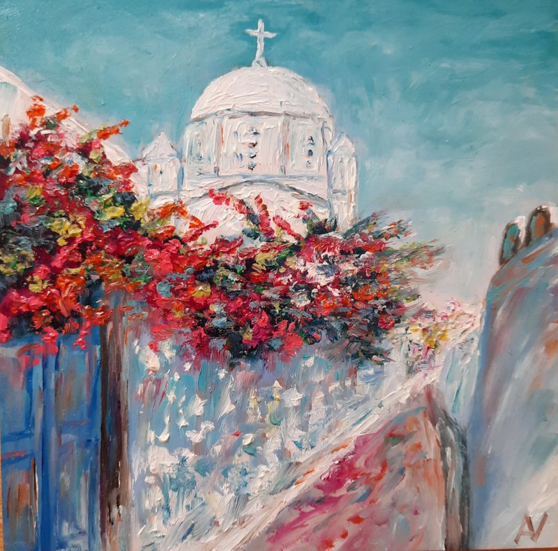 圣托里尼教堂 原创油画，3D 厚涂希腊岛屿艺术 - 墙贴/壁贴 - 木头 