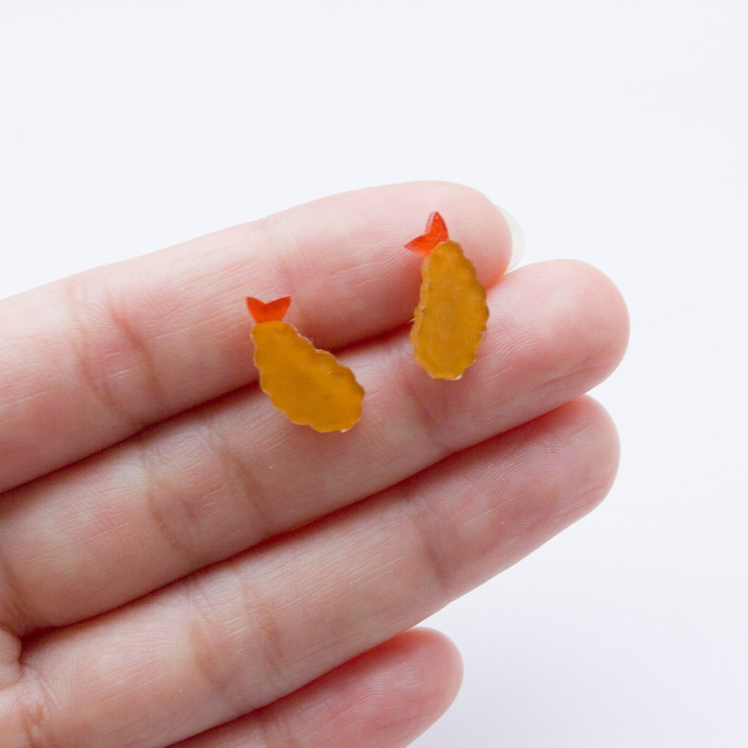 手绘 炸虾 天妇罗 耳钉 耳环 耳夹 - 耳环/耳夹 - 塑料 橘色