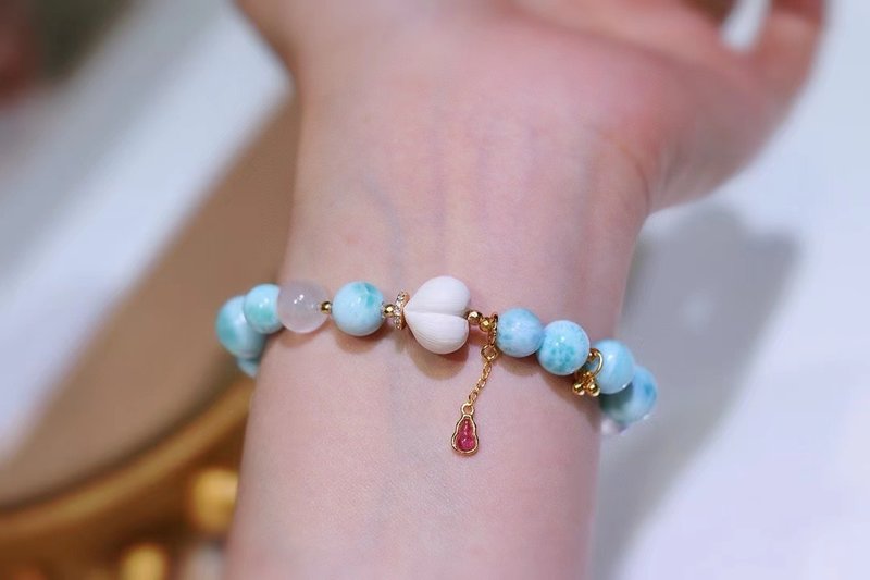 原创天然海纹石单圈手链搭配天然猛犸屁屁桃爱心蓝月光 海洋之心 - 手链/手环 - 玉石 