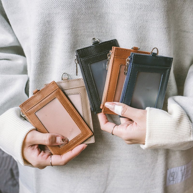 真皮直式零钱证件卡夹(含挂绳) X0090 黑/浅油皮/蓝N/棕N/灰N - 证件套/卡套 - 真皮 多色