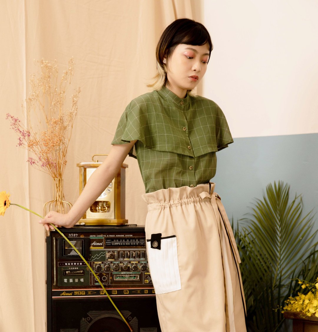 纯棉复古披风上衣 // 绿方格 - 女装上衣 - 棉 绿色