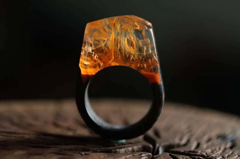 火焰、手工树脂木头戒指、自然设计、珠宝饰品、天然实木雕刻、炎 - 戒指 - 树脂 橘色