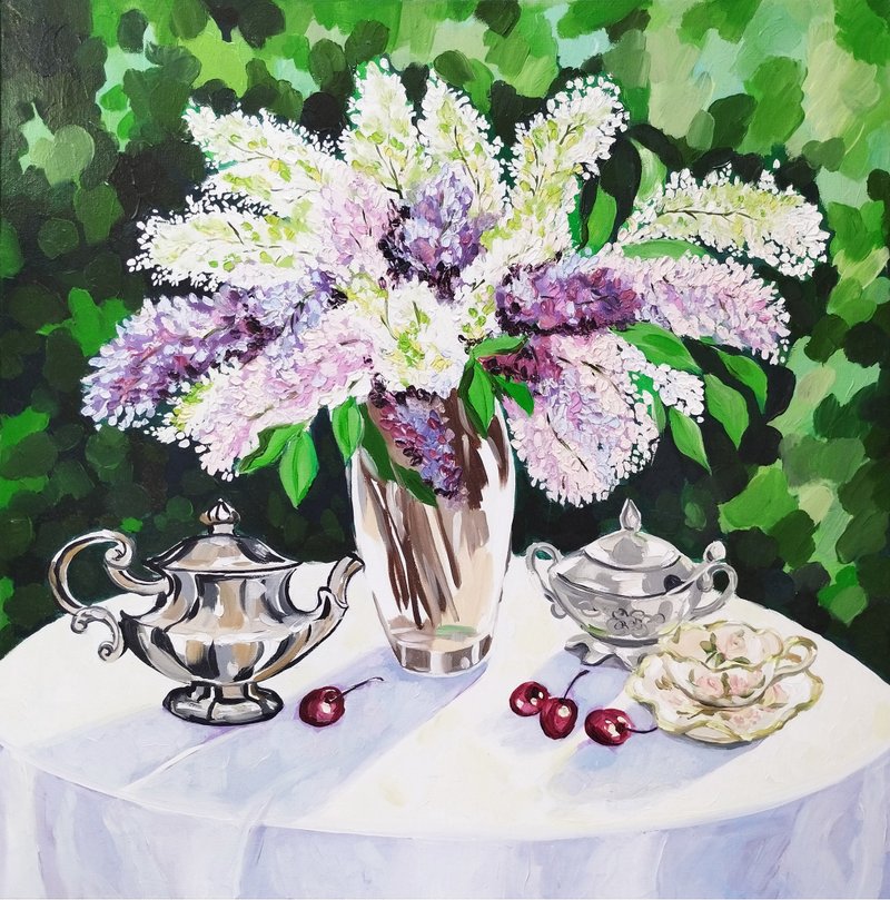 丁香油画原创艺术春季静物花瓶中的花朵 - 墙贴/壁贴 - 其他材质 绿色