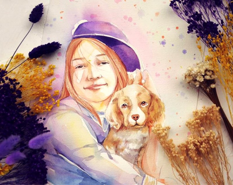 虎斑羊-主人和宠物/手绘人像定制画/水彩/友情纪念/生日礼物 - 订制画像 - 纸 白色