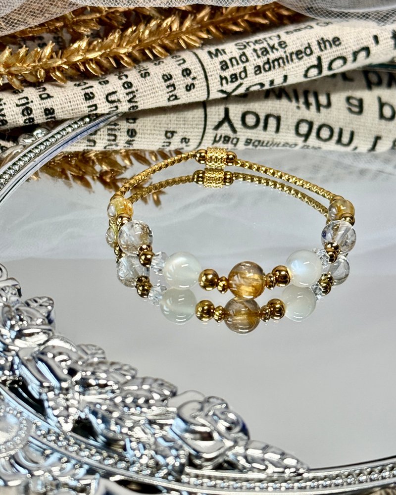 气质钛晶银发晶水晶手链 - 18K 金医疗钢/钛晶/银发晶/月光石 - 手链/手环 - 水晶 金色